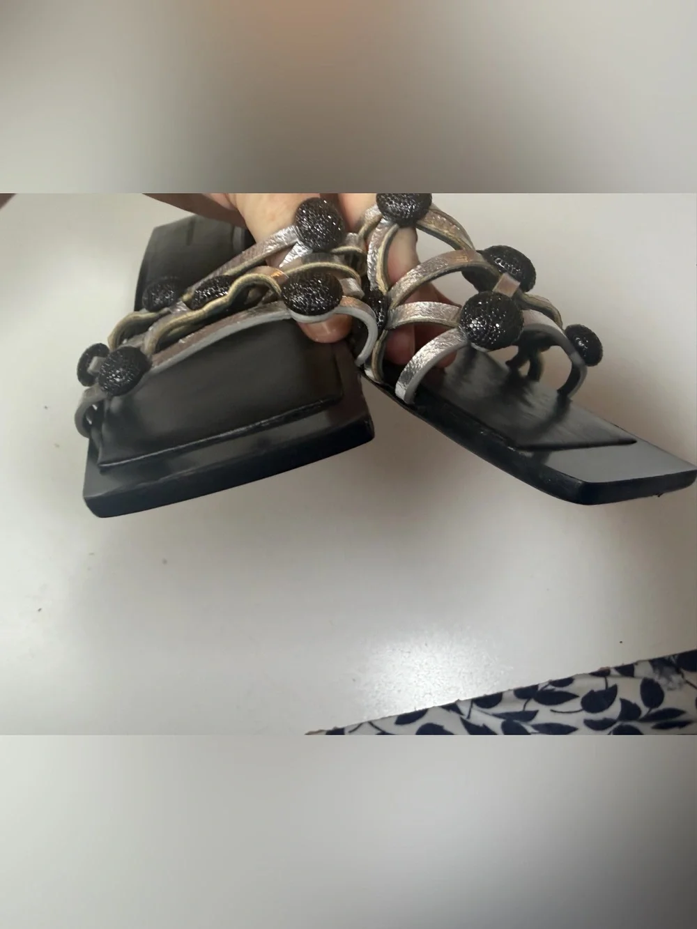 Tory Burch Black Crystal Bobble Silver Metallic Leather Square Toe Low Heels 8.5